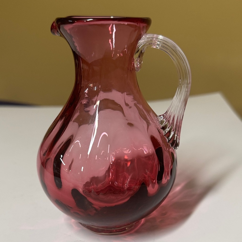 Pilgrim Cranberry Small Mini Pitcher Creamer Vintage 4.75” tall clear handle